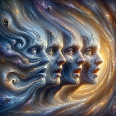 The primary subject of the image is a painting of three faces, each with a different expression. The setting is a space-themed background, which adds to the overall visual style. The painting is a digital art piece, showcasing the artist's creativity and skill. The dominant colors in the painting are blue and purple, which contribute to a calm and serene atmosphere.